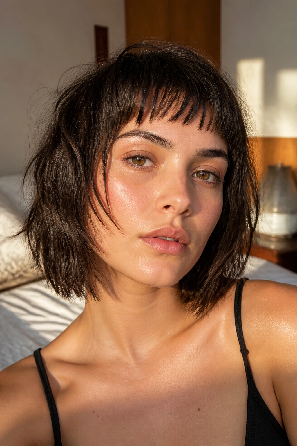 Close-up of edgy choppy curtain bangs on a real woman in a sunlit bedroom