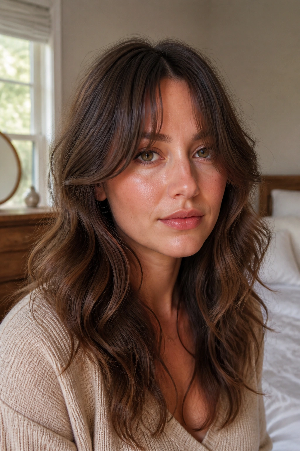 Portrait of a woman with curtain bangs and undone ends framing the face.