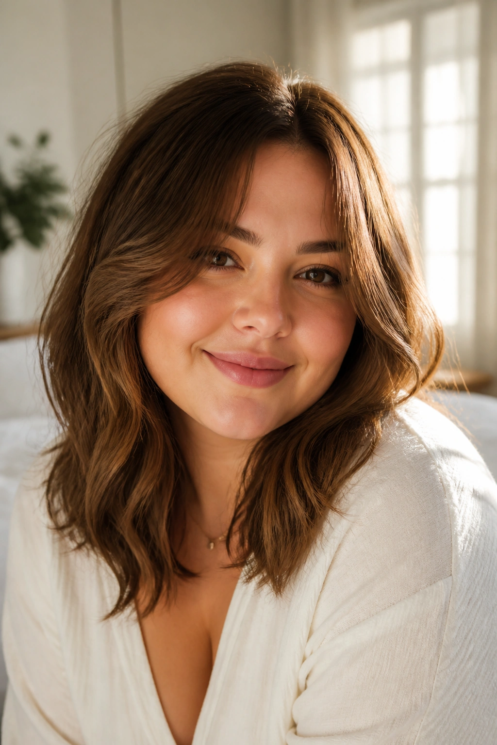 Close-up of a woman with curtain bangs and shoulder-length waves