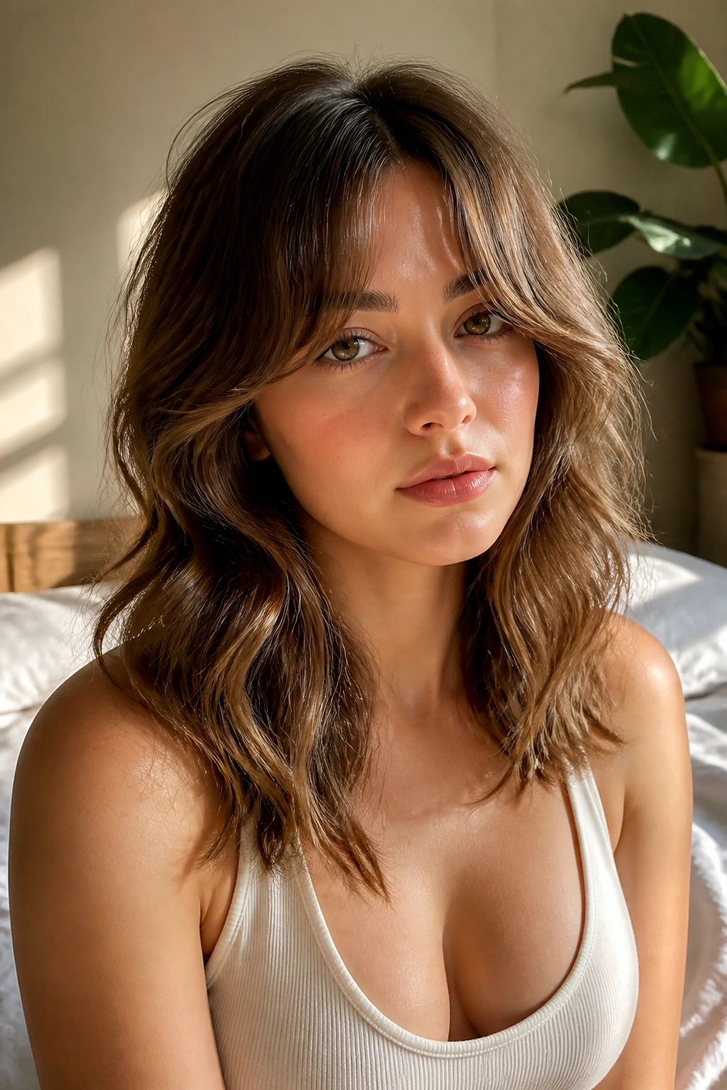 Close-up of a real woman with curtain bangs and soft waves