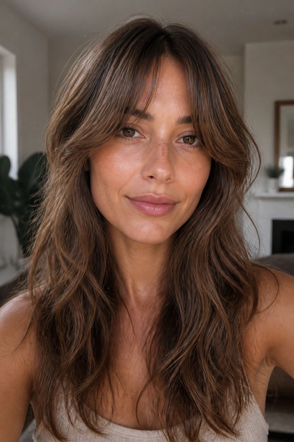 Close-up of a real woman with curtain bangs and wavy layers