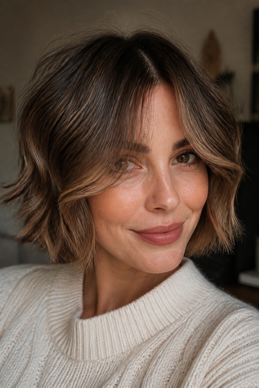 Close-up of a real woman with curtain bangs and soft waves in a bob