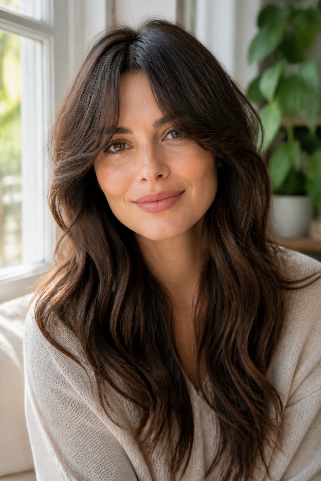 Close-up of a real woman with curtain bangs and long waves.
