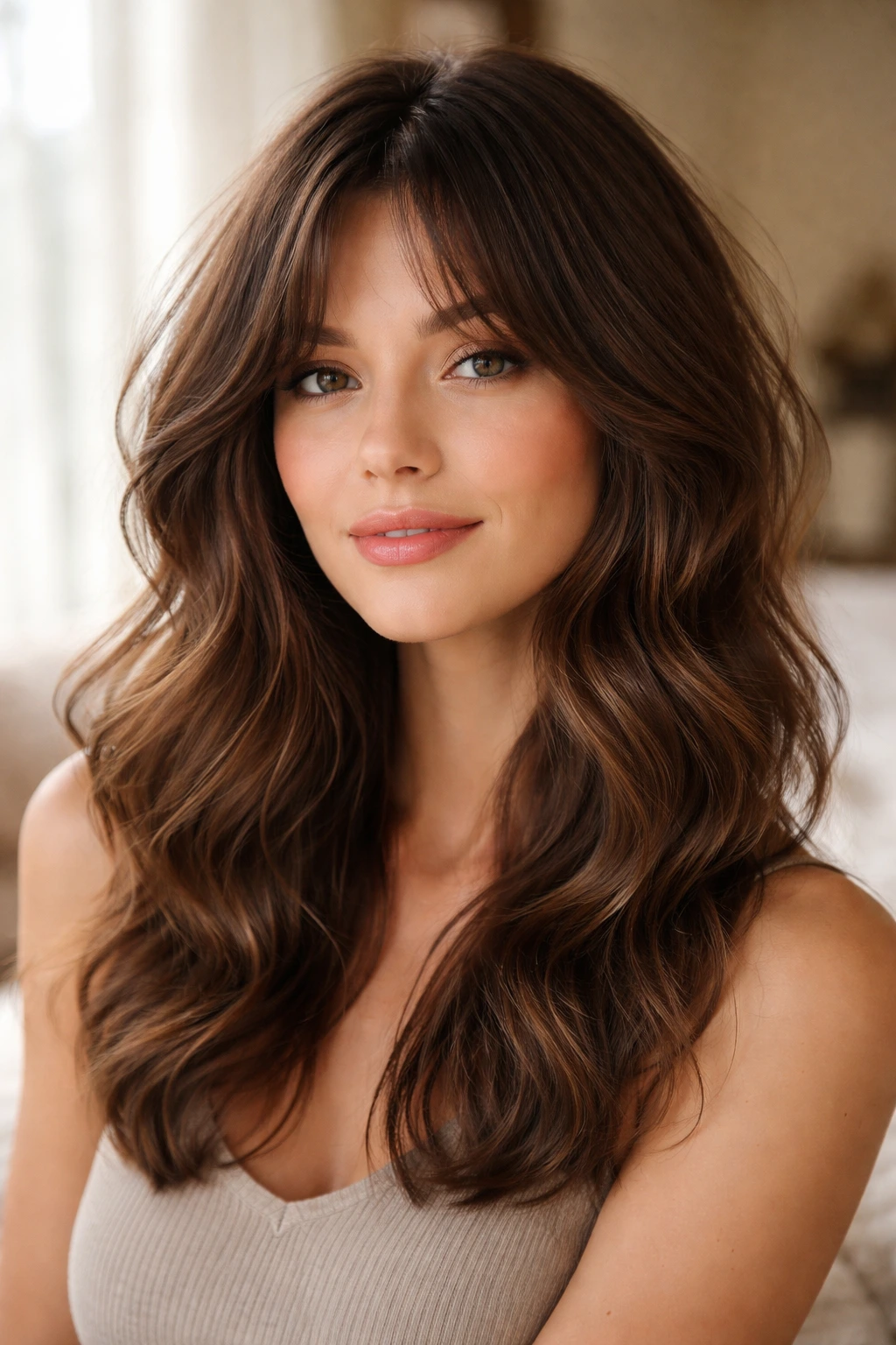 Woman with curtain bangs blending with wavy hair in soft light