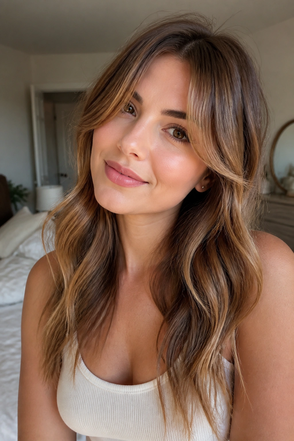 Portrait of a real woman with curtain bangs and soft waves.
