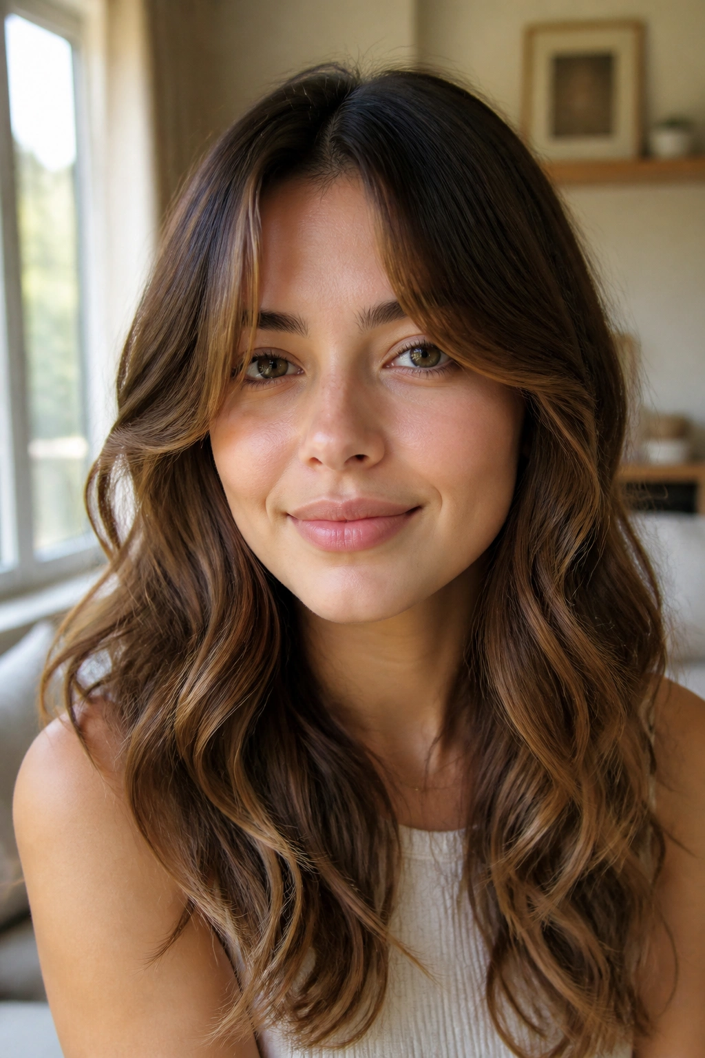 Real woman with curtain bangs and round-face flattering waves