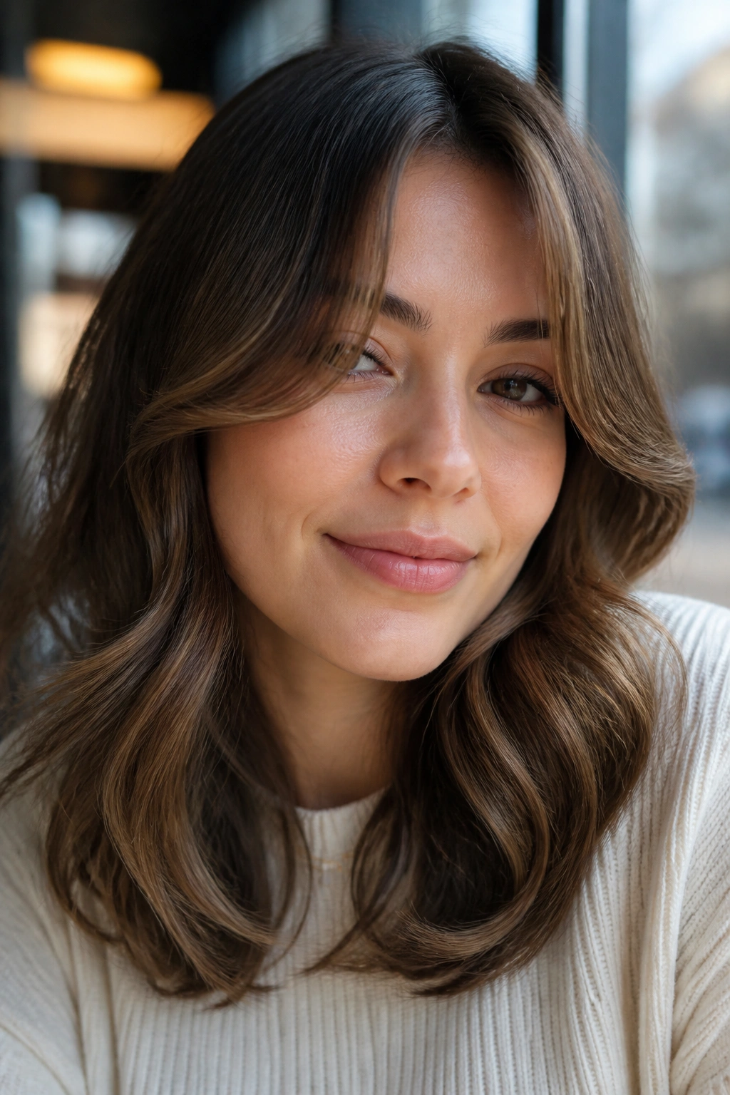 Close-up of a real woman with wavy curtain bangs and bent-under ends, medium brown hair in natural daylight