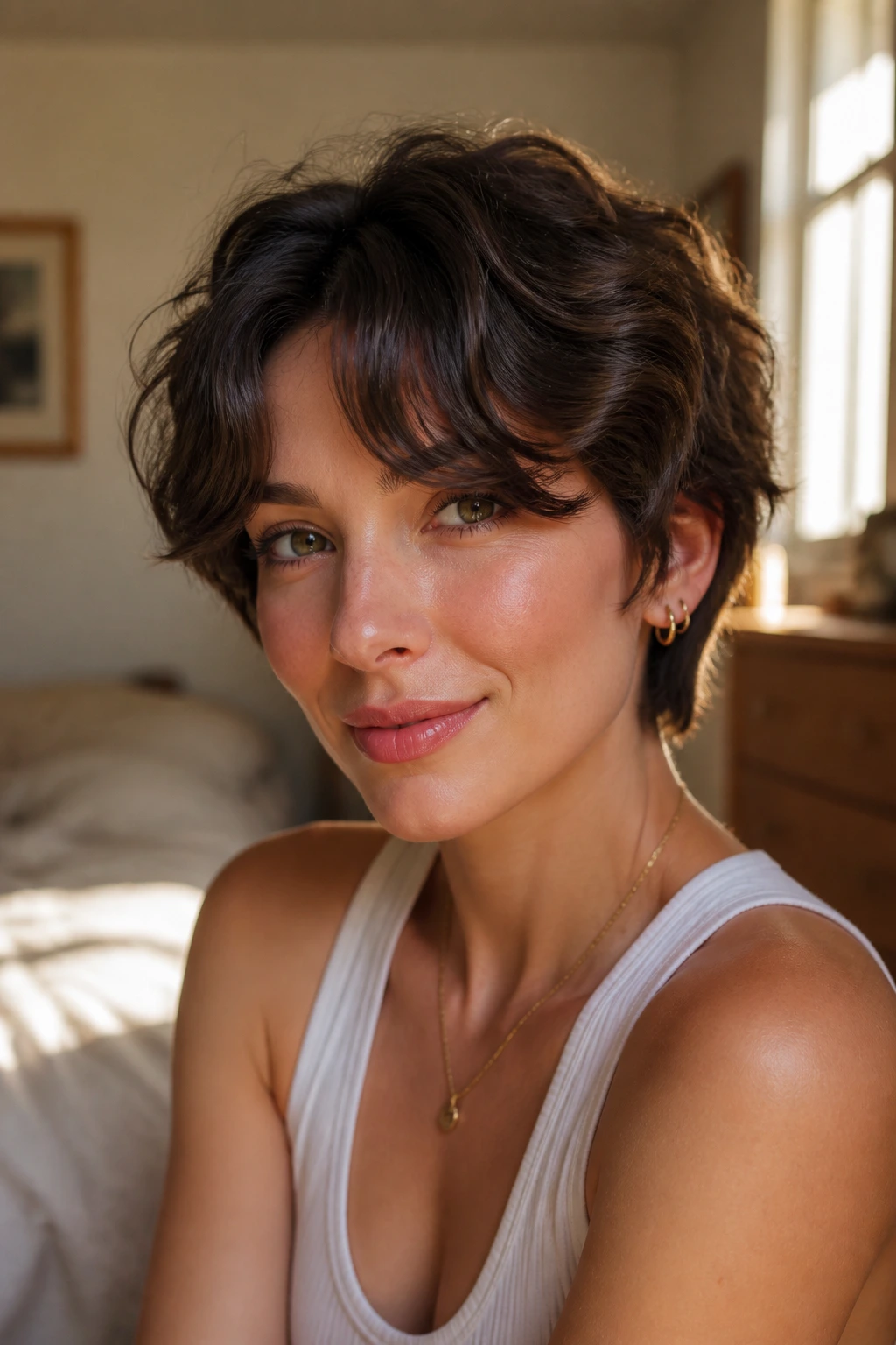 Close-up of a person with a wavy crop and curtain bangs framing the face.