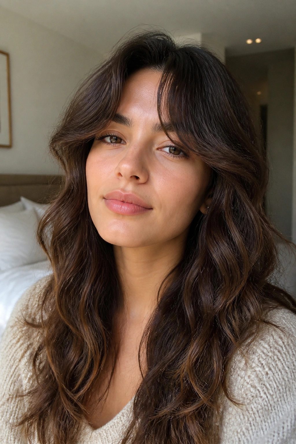 Portrait of a woman with curtain bangs on thick wavy hair