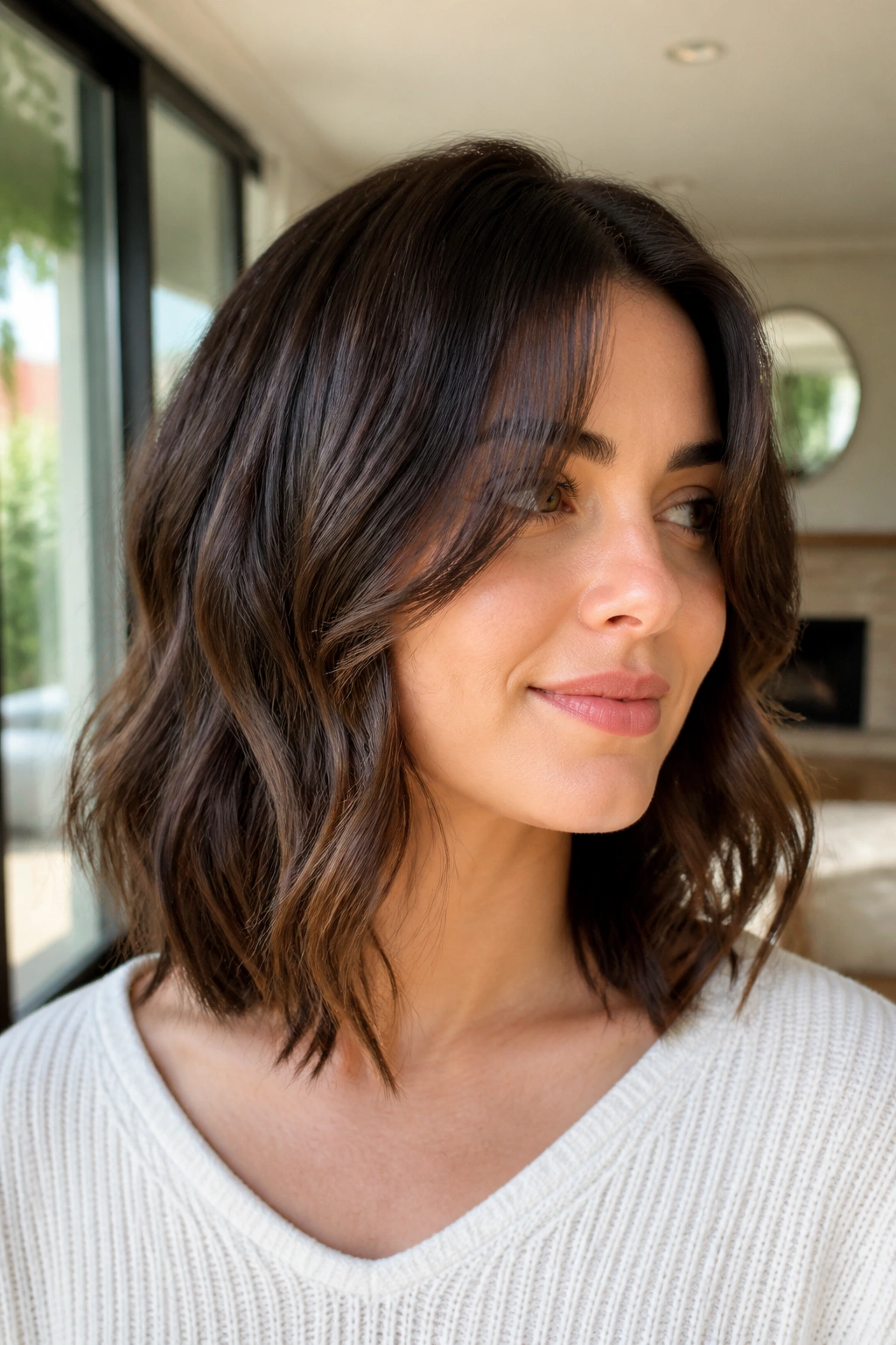 Close-up of real woman with curtain bangs starting at cheekbone and wavy lob