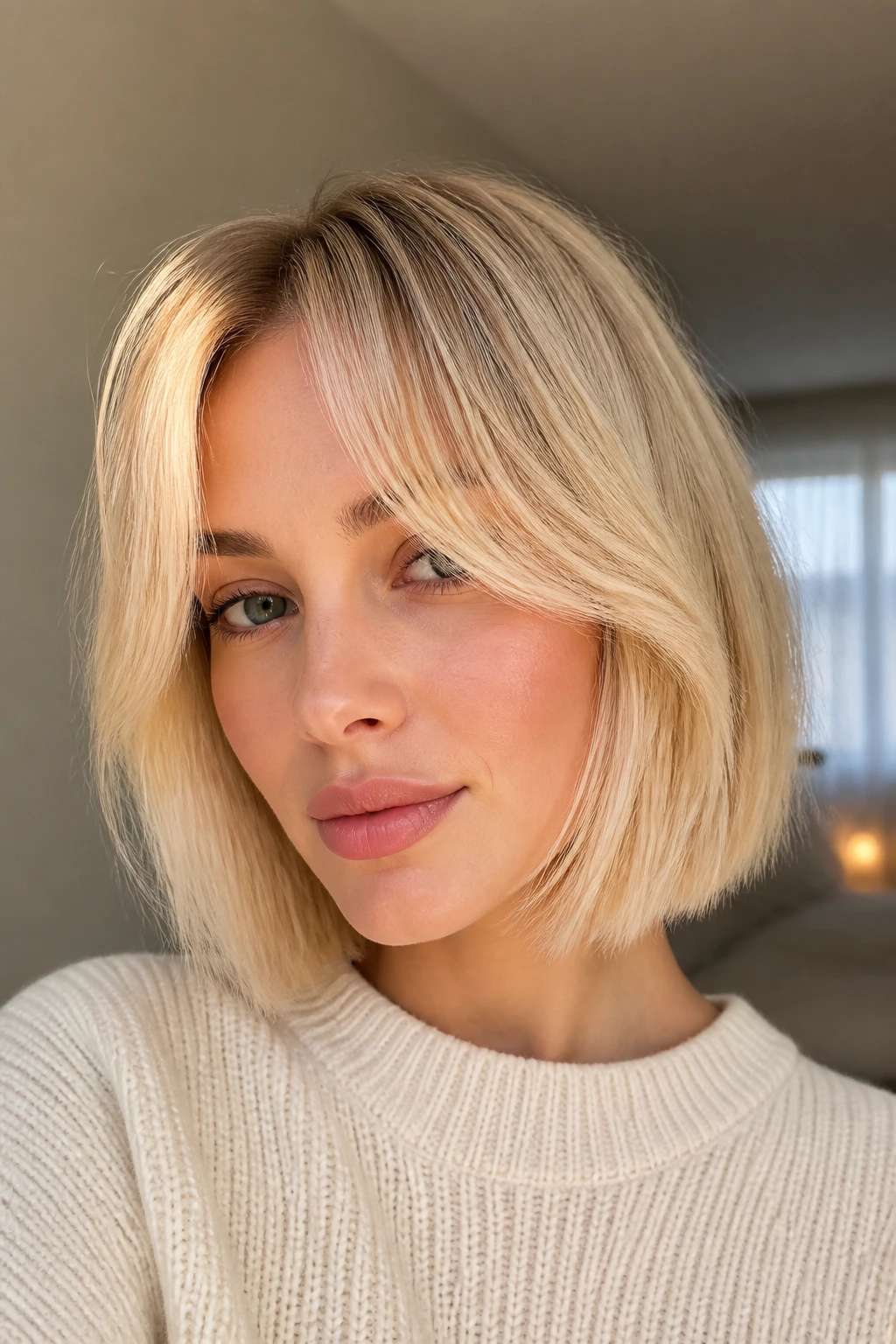 Close-up of a real woman with curtain bangs and butter blonde bob in warm indoor light