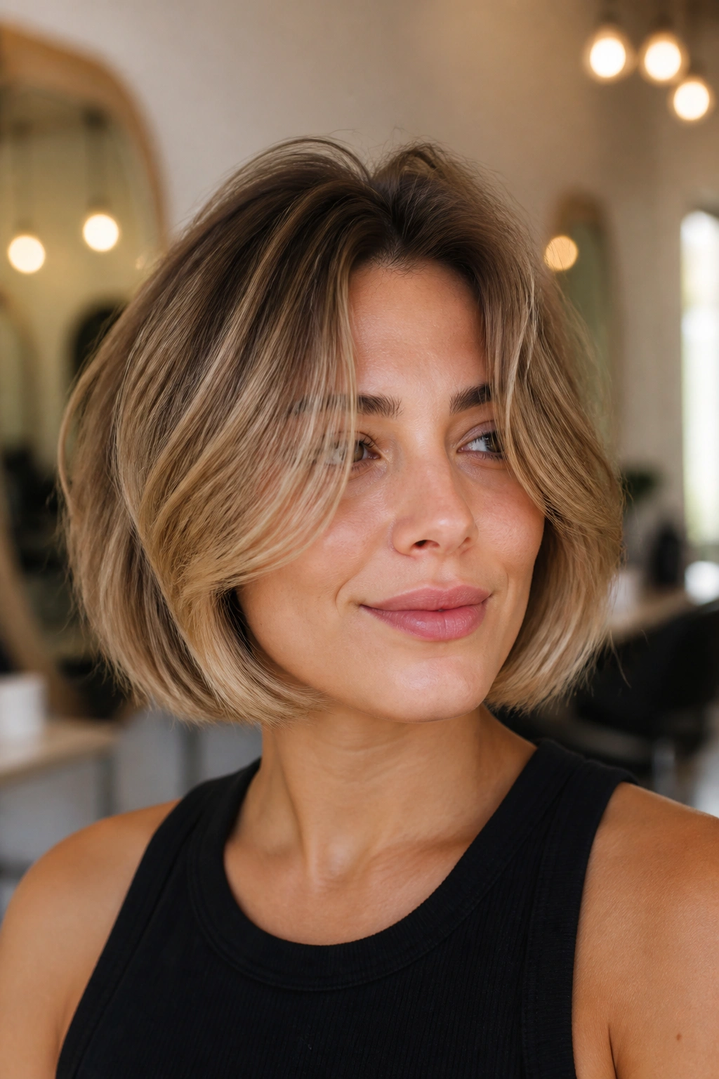 Close-up of a real woman with a chin-length curtain bob and a soft center lift, highlighting cheek-grazing curtain pieces.
