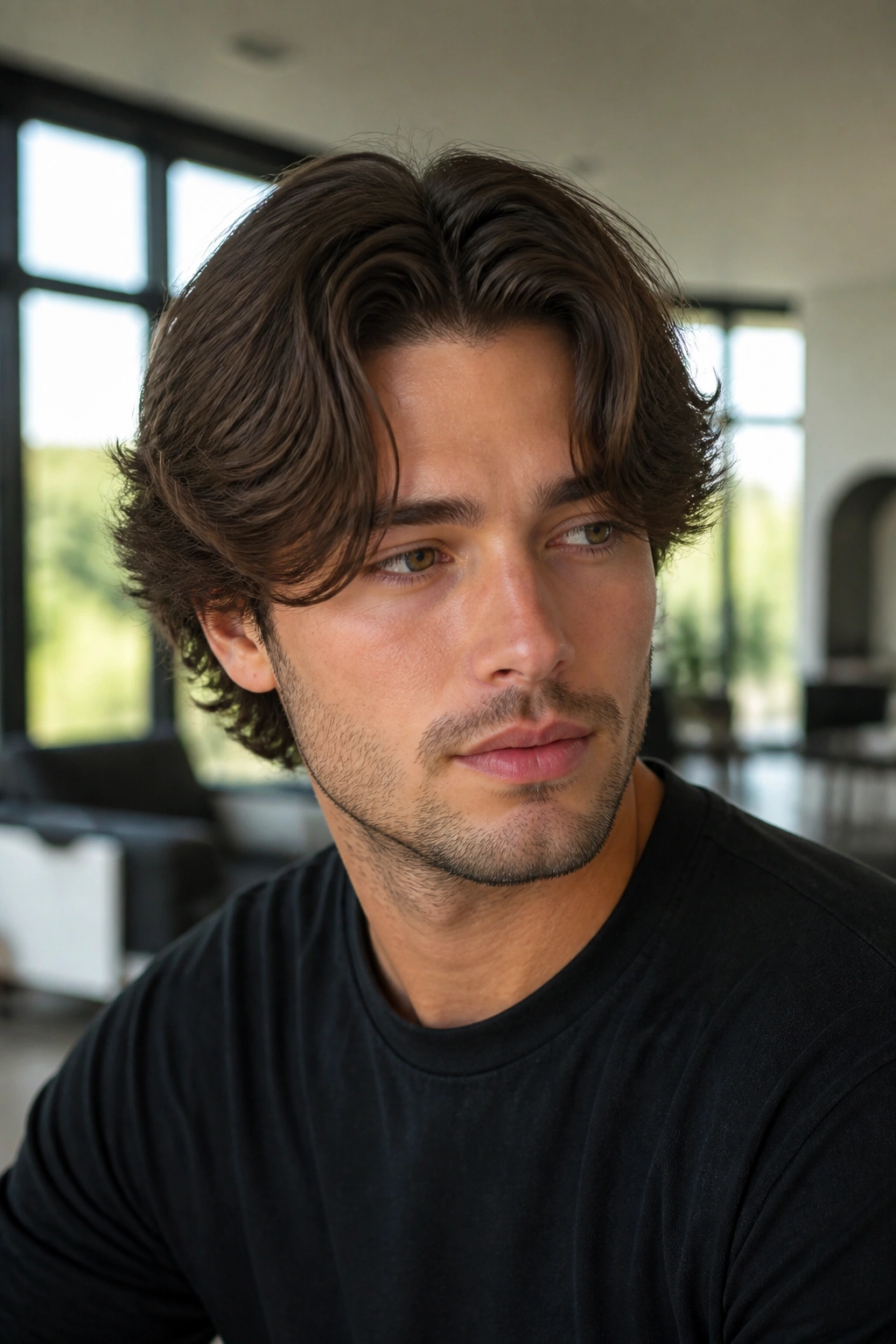 Close-up of a man with curtain cut and soft layered profile