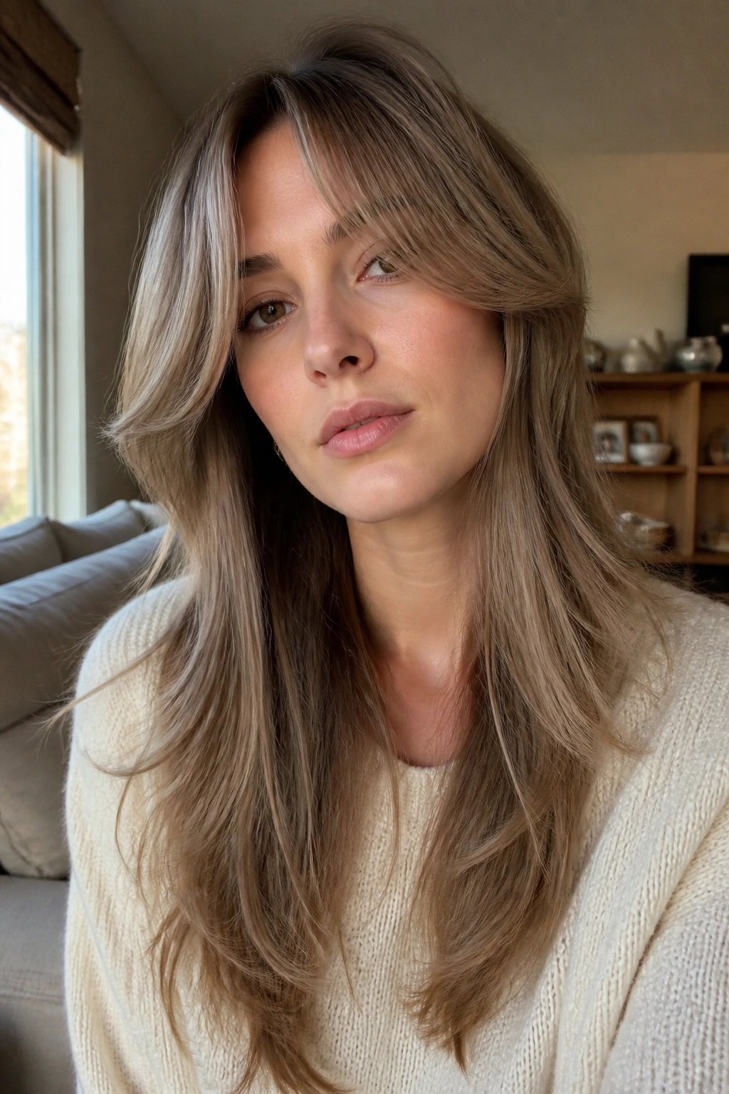 Close-up of a real woman with long curtain fringe and airy layers
