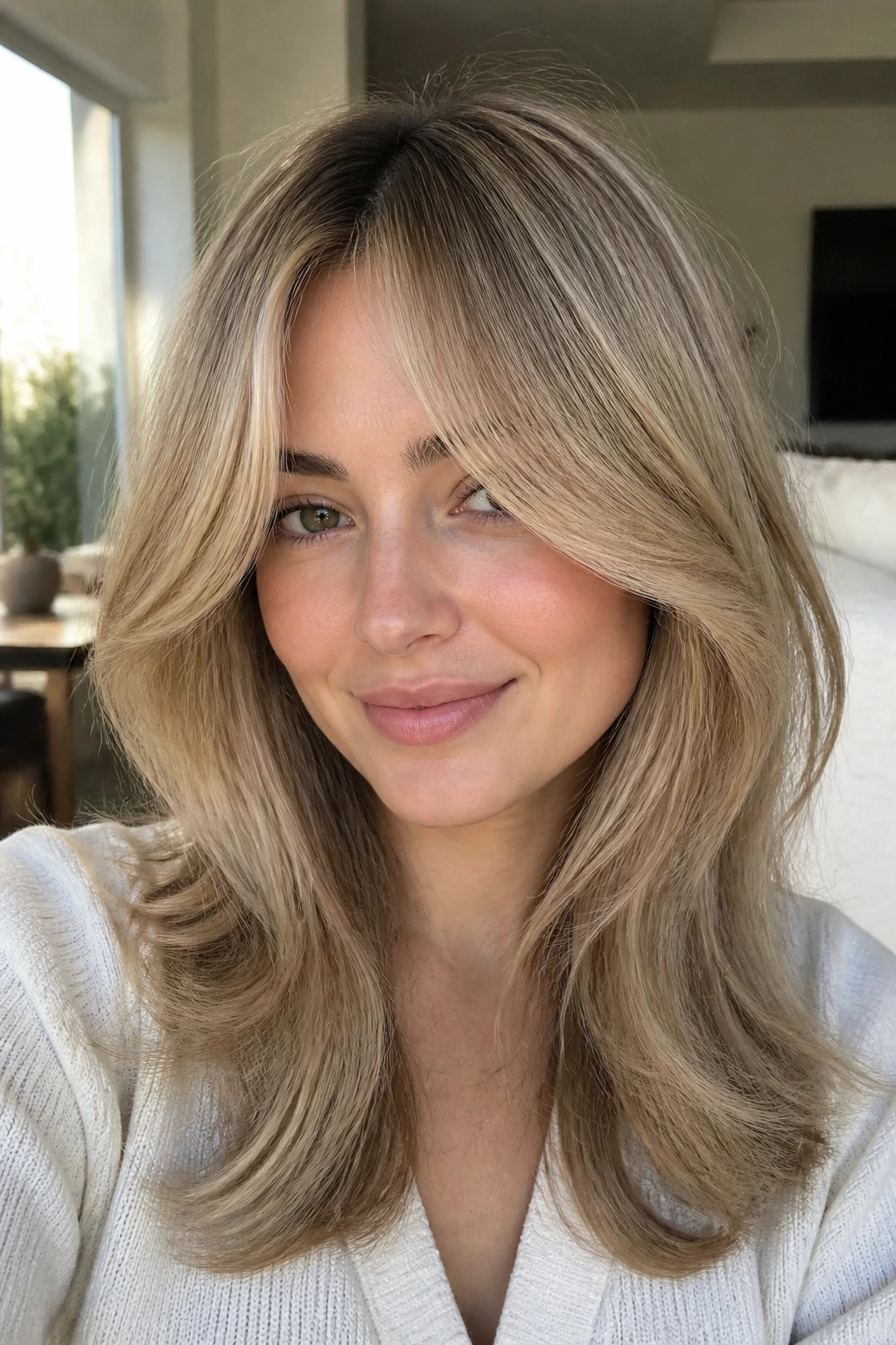 Close-up of a real woman with curtain fringe and a soft blowout in warm window light.