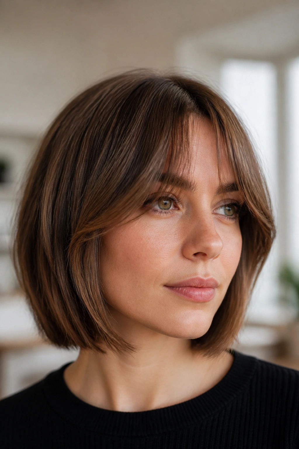 Close-up of real woman with curtain fringe bob in sunlit living room