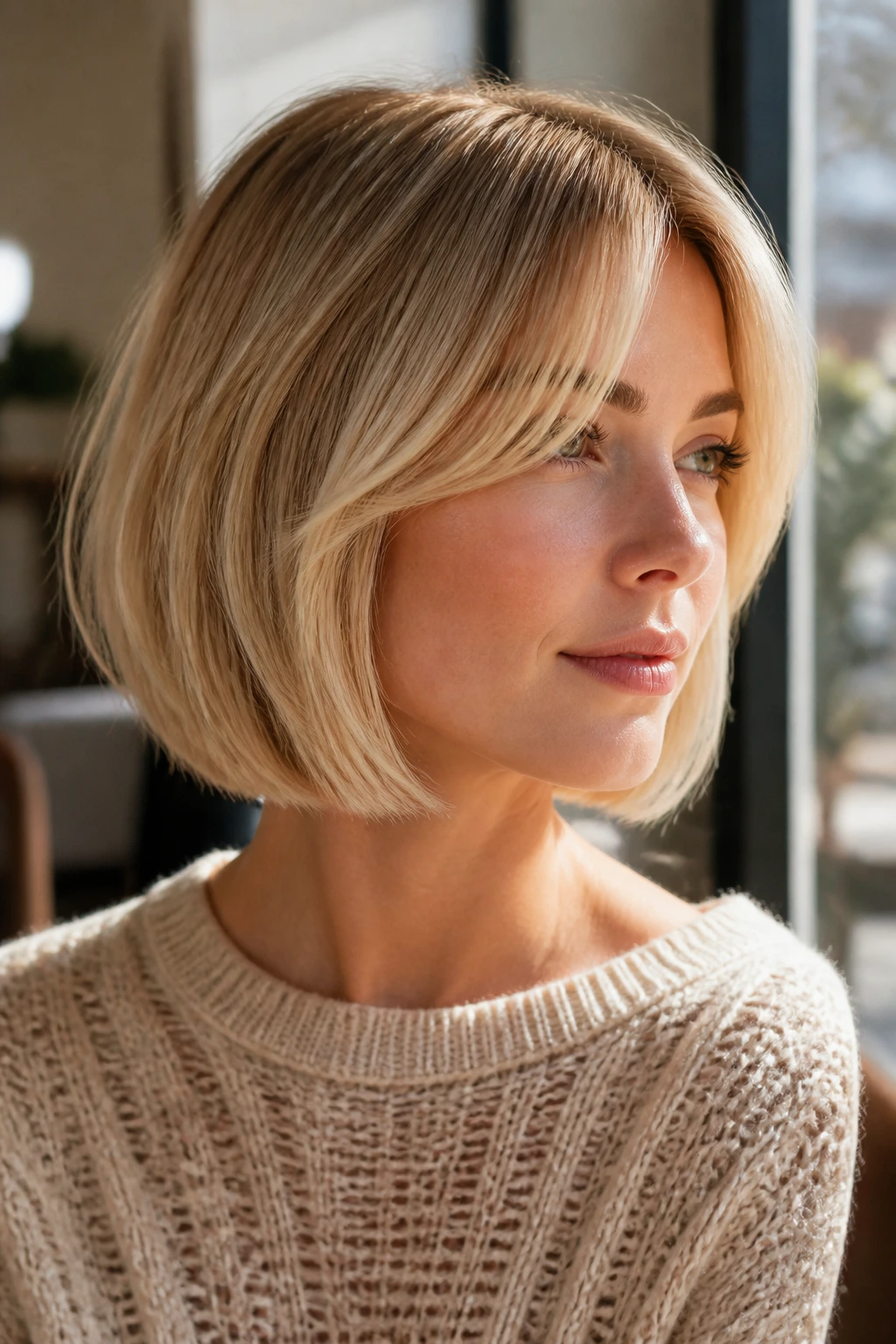 Real woman with golden blonde bob and airy curtain fringe in sunlit cafe setting