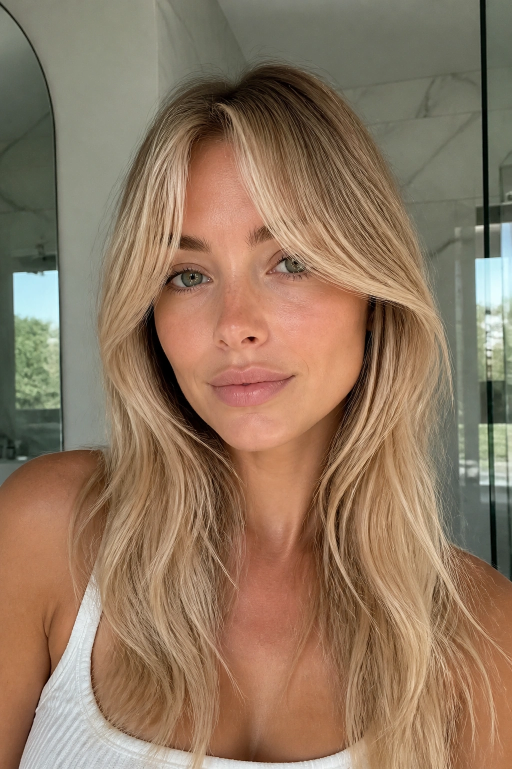 Close-up of a woman with grown-out baby curtain fringe in buttery blonde