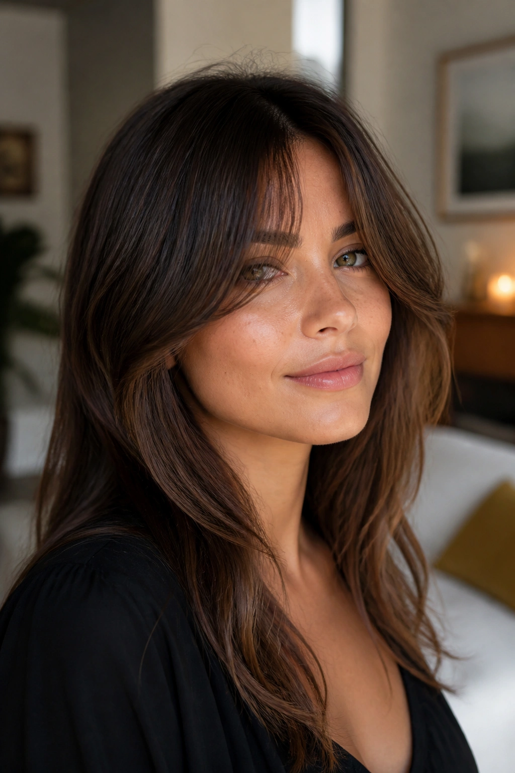 Close-up of a real woman with cheekbone-grazing curtain fringe and soft center hinge