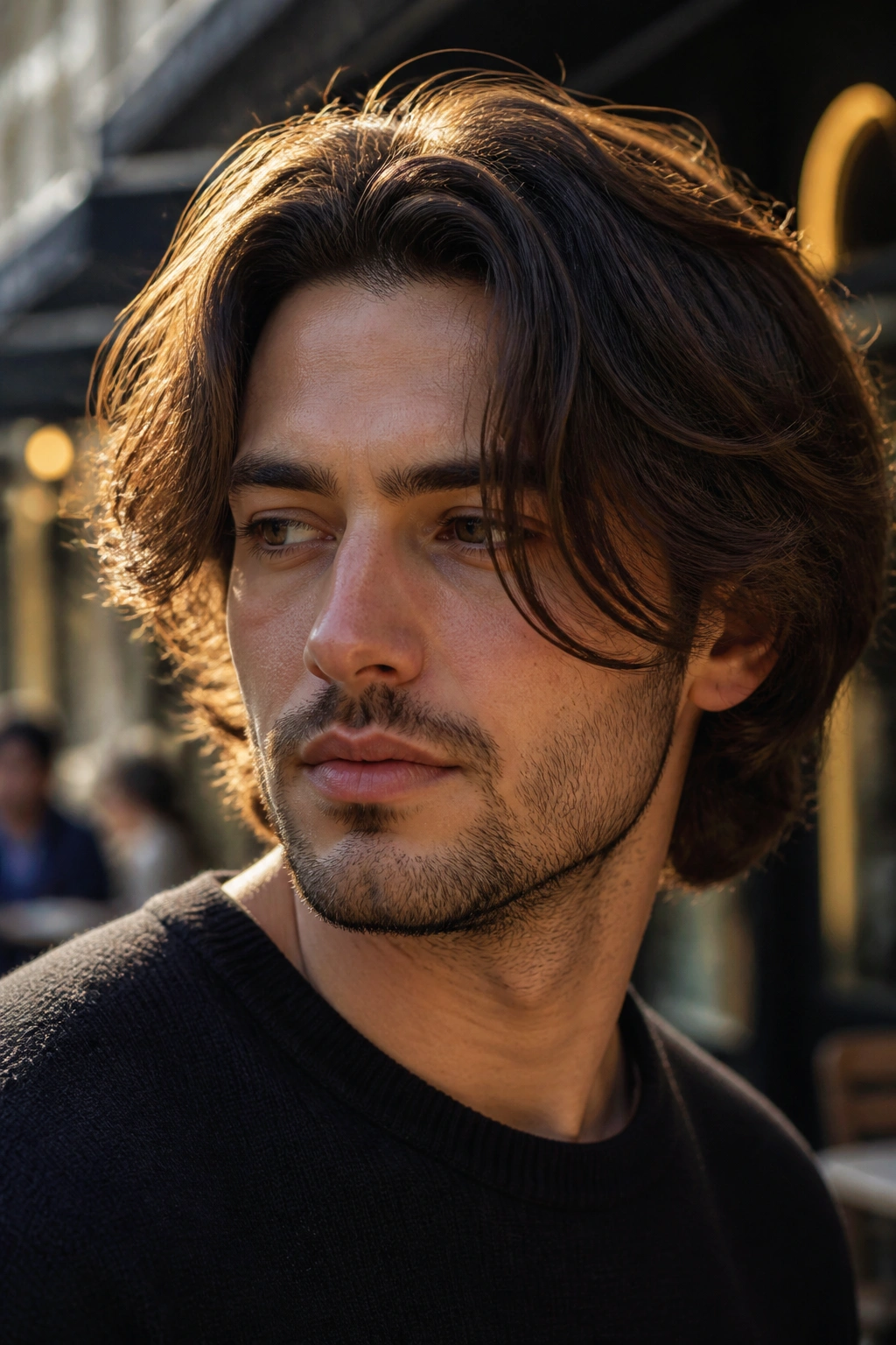 Portrait of a real man with curtain fringe falling at the cheeks in outdoor golden-hour light.