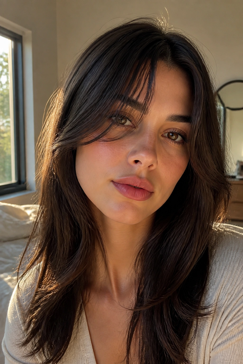 Close-up portrait of a real woman with a long curtain fringe skimming the cheekbones in soft morning light