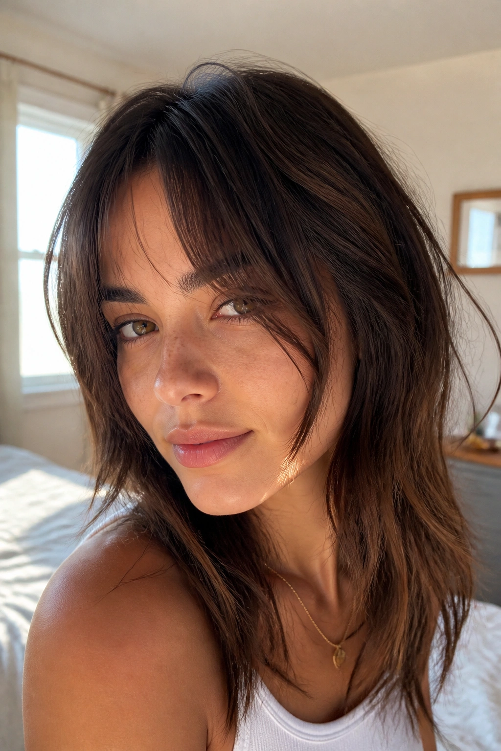 Close-up portrait of a woman with curtain fringe skimming the cheekbones in a sunlit bedroom.