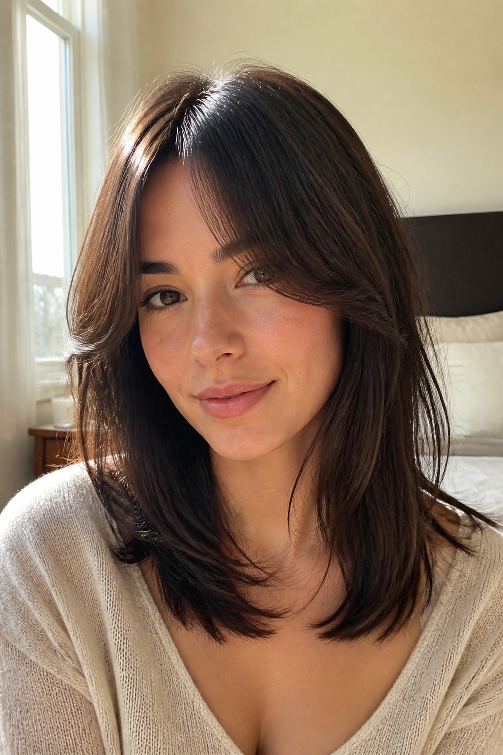 Close-up of a real woman with curtain fringe and collarbone-length layers framing her face