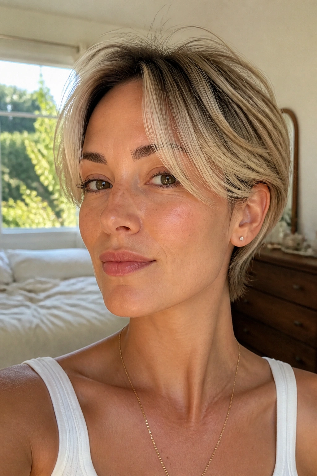 Close-up of a person with a cropped cut and curtain fringe by a window