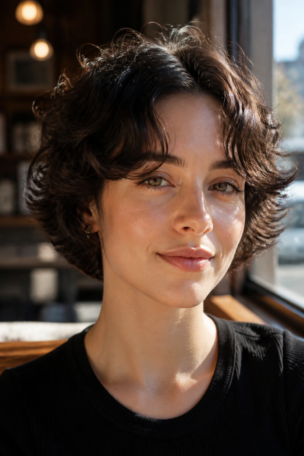 Close-up of a woman with curtain fringe crop and flipped-out ends in cafe light