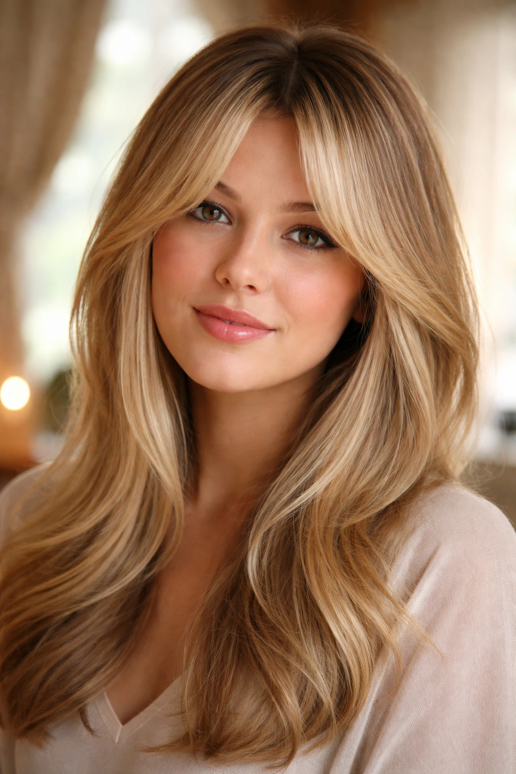 Portrait of a real woman with wide curtain fringe glow framing the face.