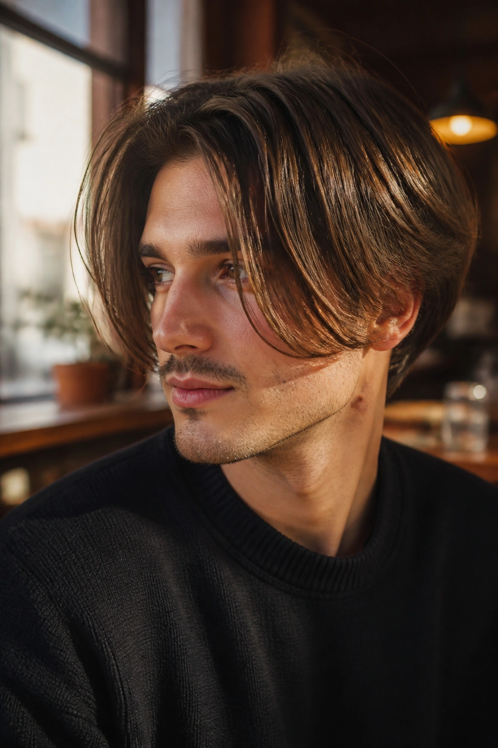 Real man with curtain fringe inverted bob in a warm cafe setting.