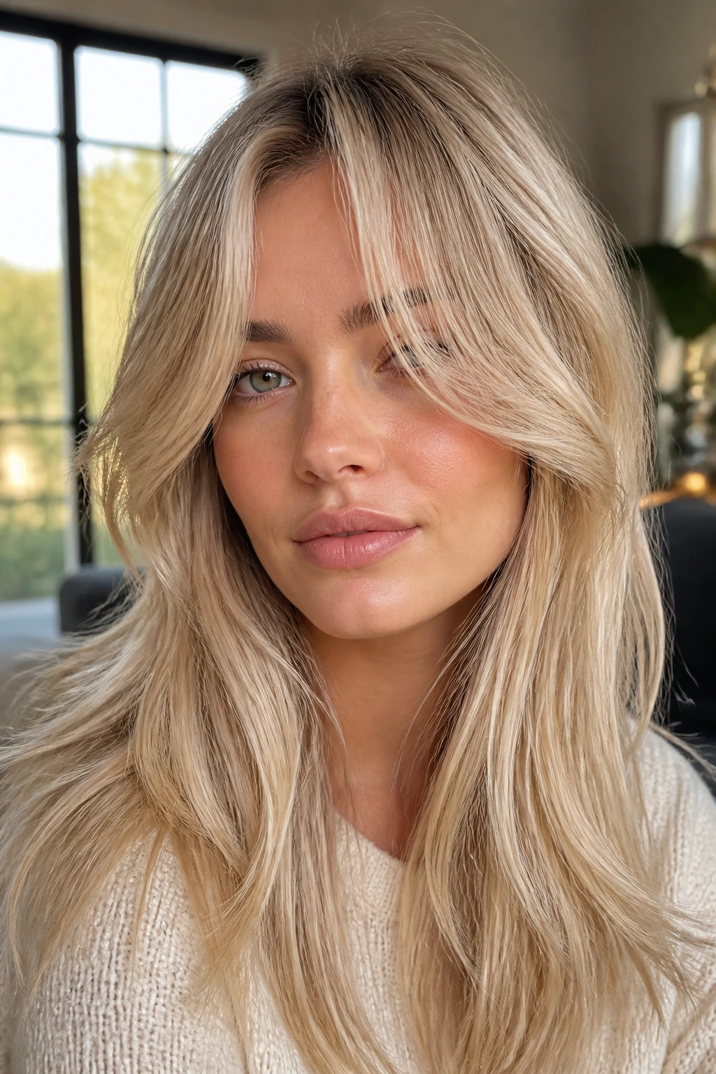 Close-up of a real woman with long curtain fringe and soft layers in natural window light
