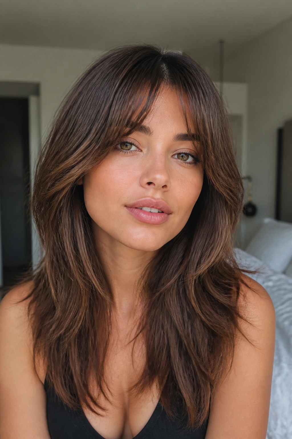 Close-up of a real woman with baby curtain fringe and long shag layers.