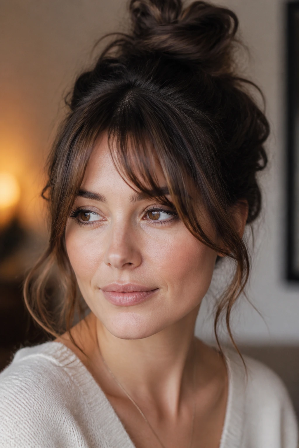 Close-up of a real woman with a curtain fringe and messy bun