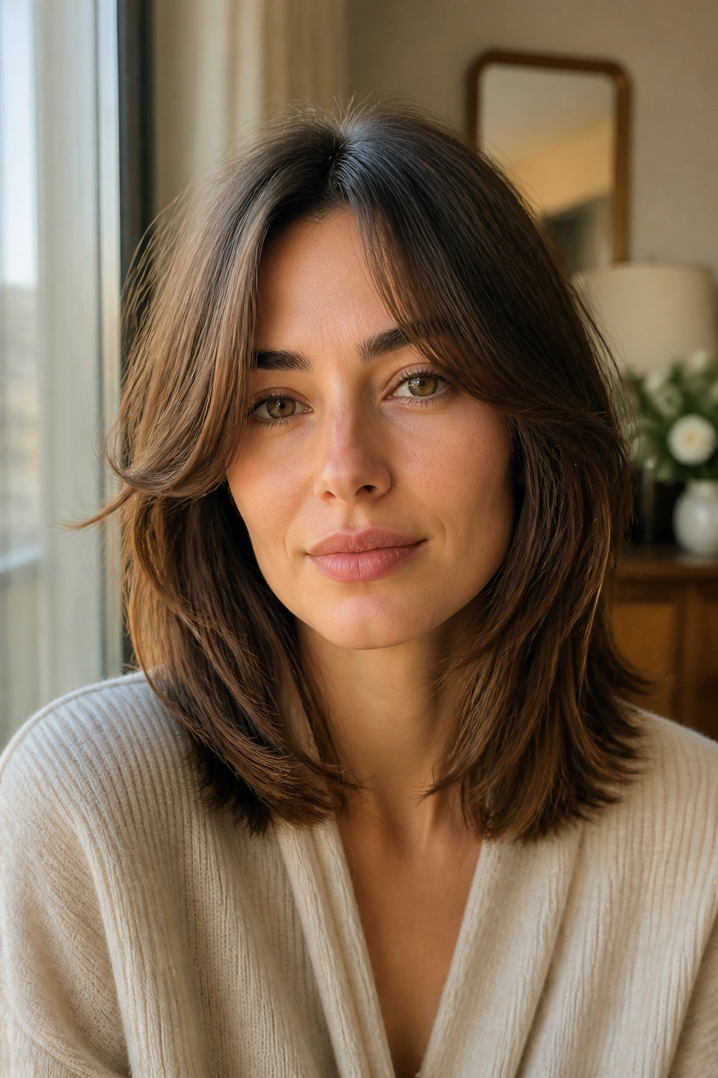 Close-up of a real person with mid-length curtain fringe in natural window daylight