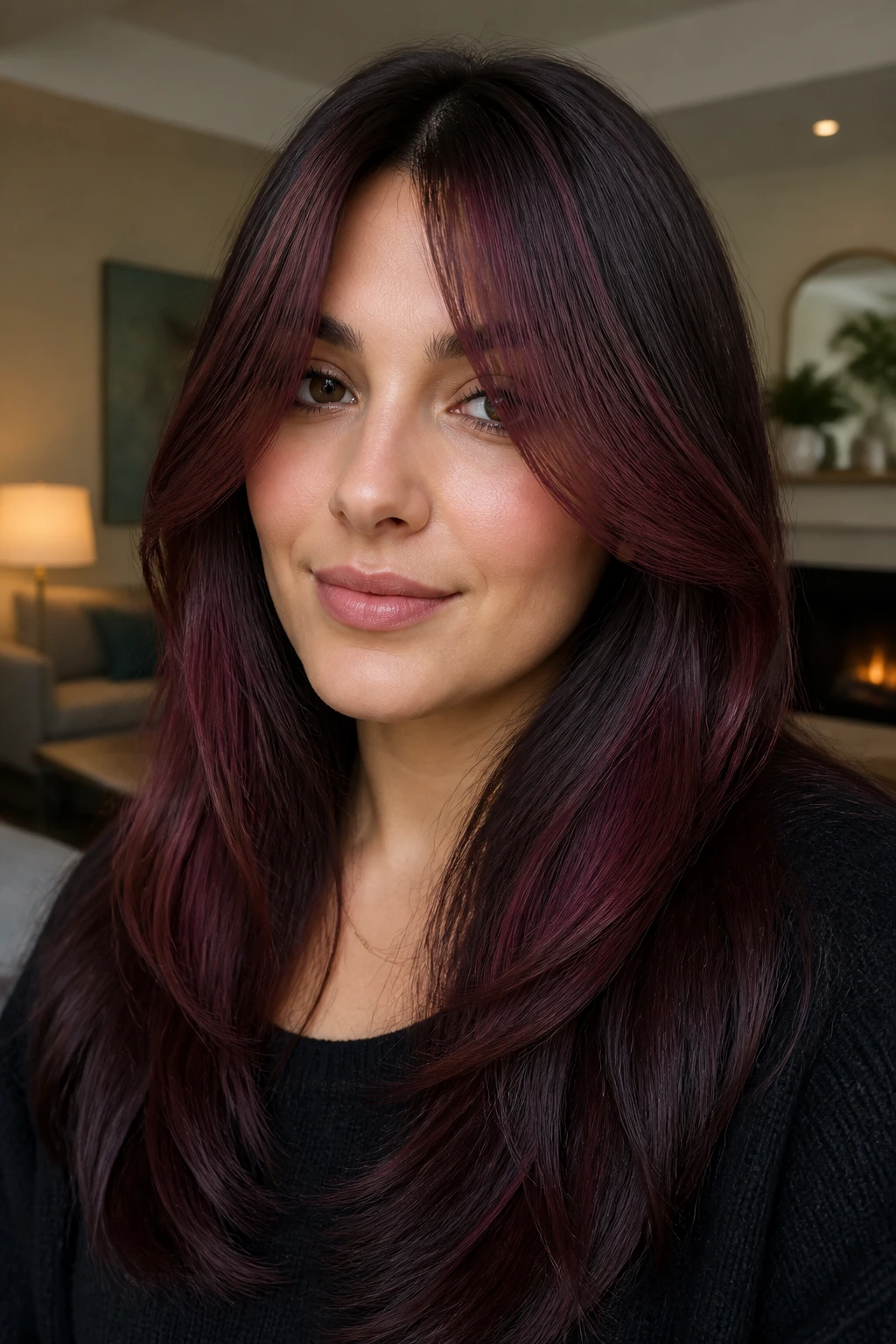 Portrait of a real woman with curtain fringe and long layers in mulled-wine burgundy.
