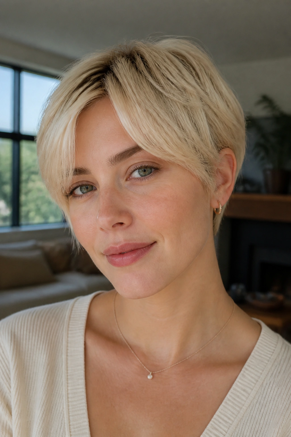 Portrait of a real woman with a short blonde pixie and curtain fringe.
