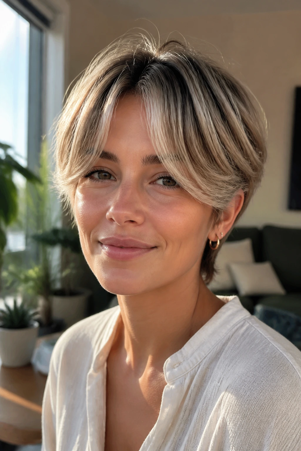 Close-up portrait of a woman with curtain fringe on a long pixie hairstyle.