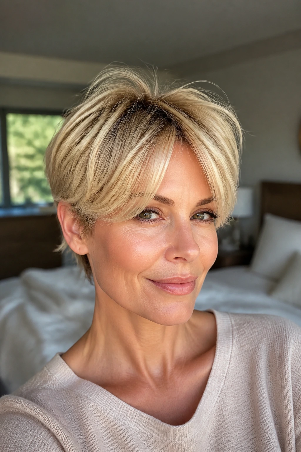 Close-up portrait of a real woman with Fluffy Blonde Pixie With Curtain Fringe hairstyle.