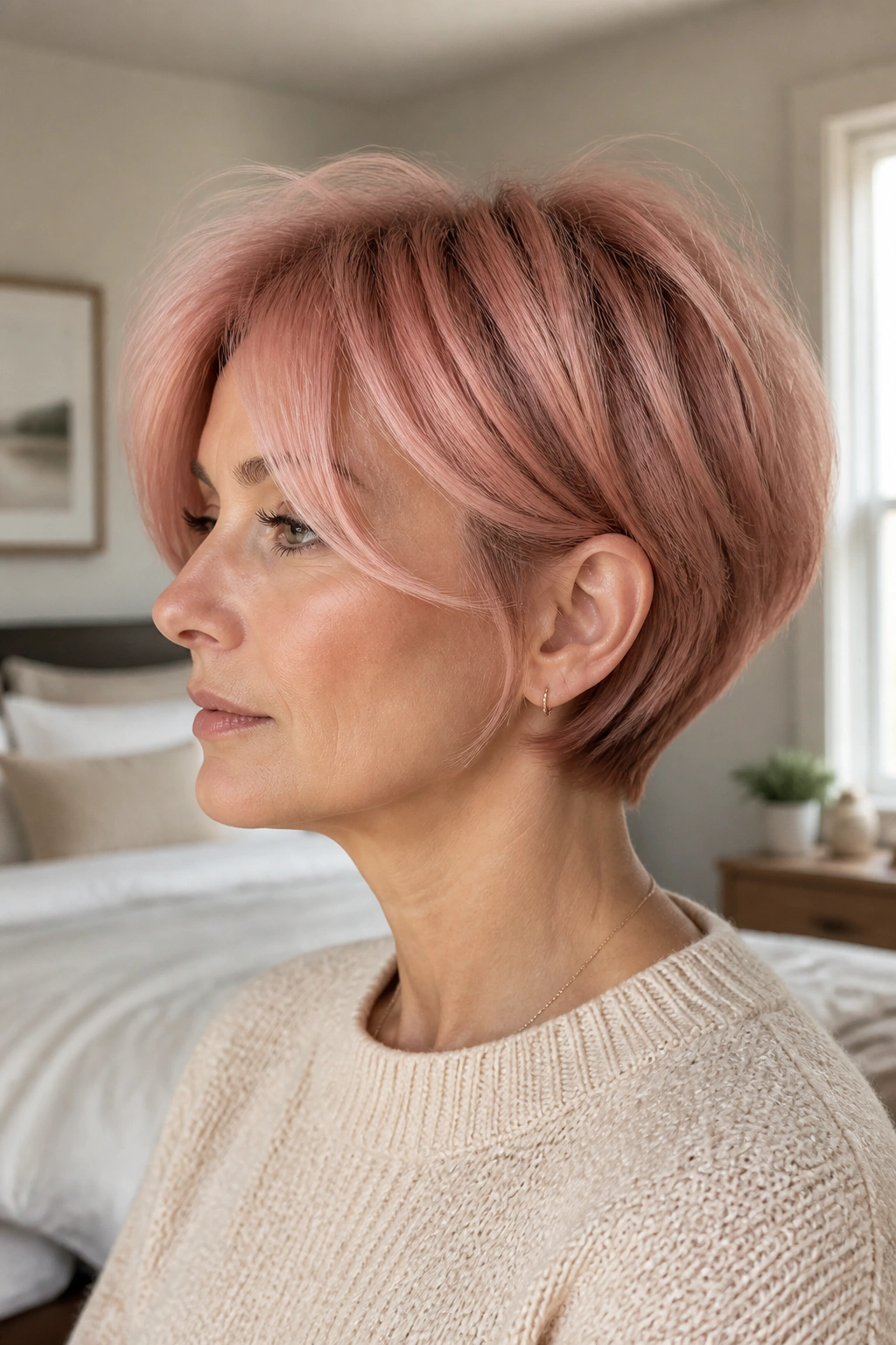 Profile portrait of a real woman with curtain fringe rose pixie.