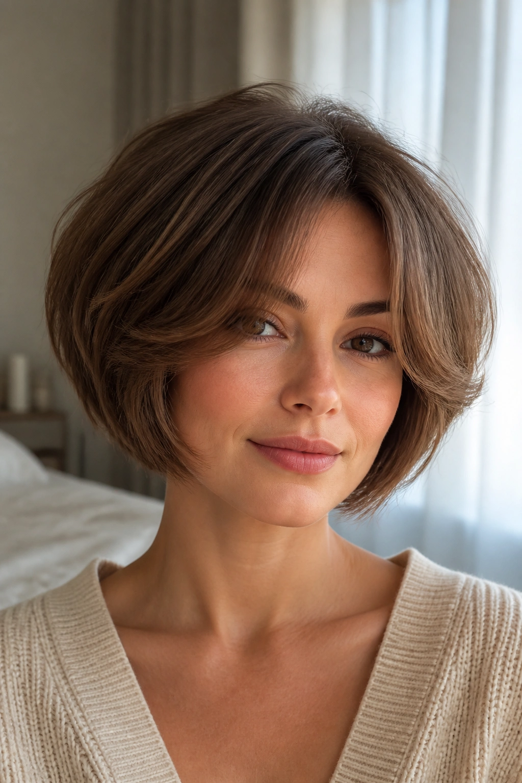 Portrait of woman with curtain fringe and stacked bob in soft light