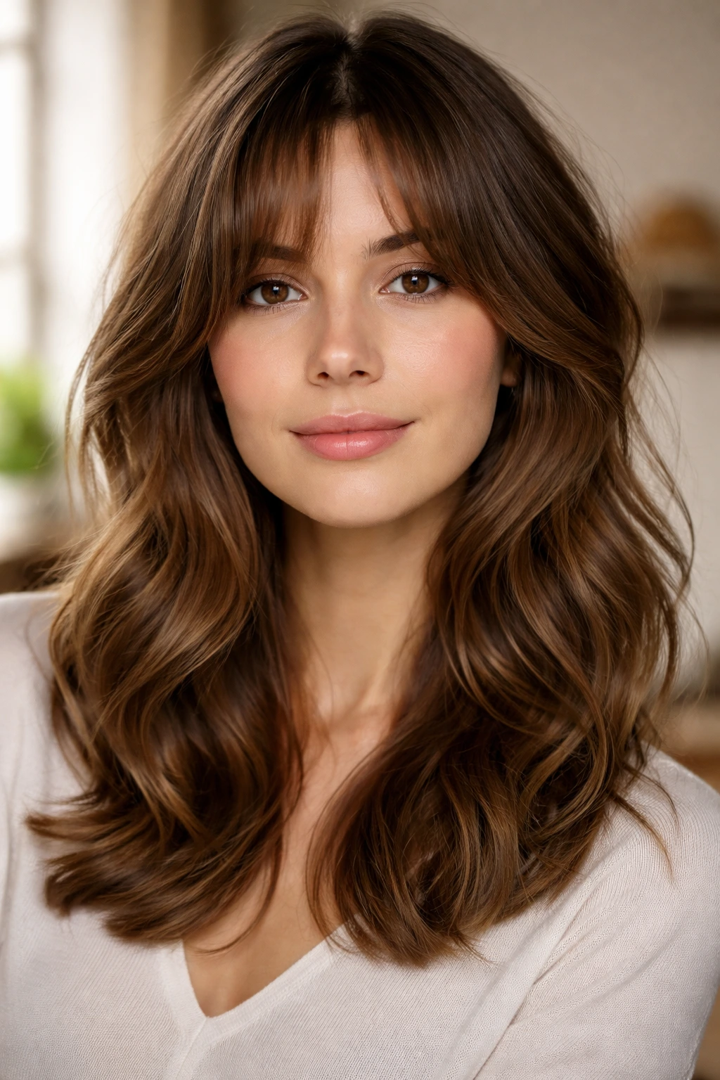 Close-up portrait of a real woman with curtain fringe and medium waves
