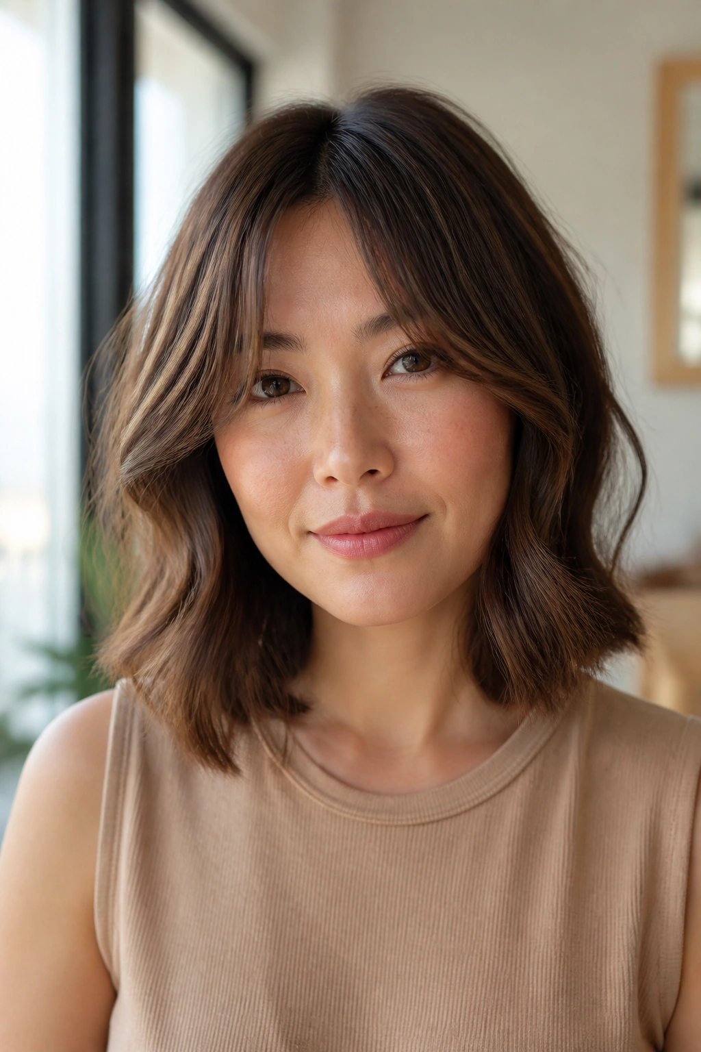 Portrait of a real woman with curtain fringe and soft waves framing her face
