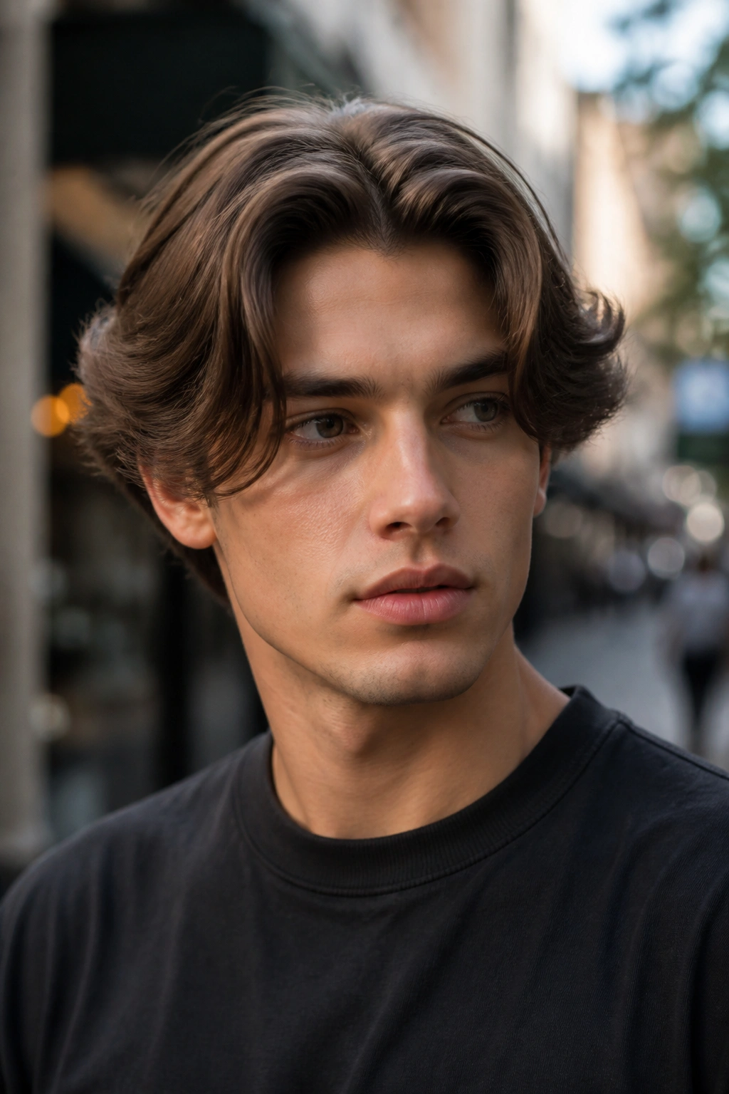 Portrait of a man with curtain haircut and center part on an outdoor street