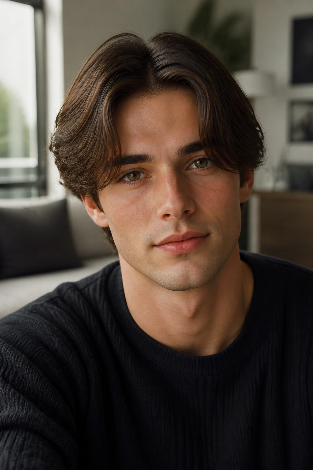 Close-up portrait of a man with curtain haircut in a living room