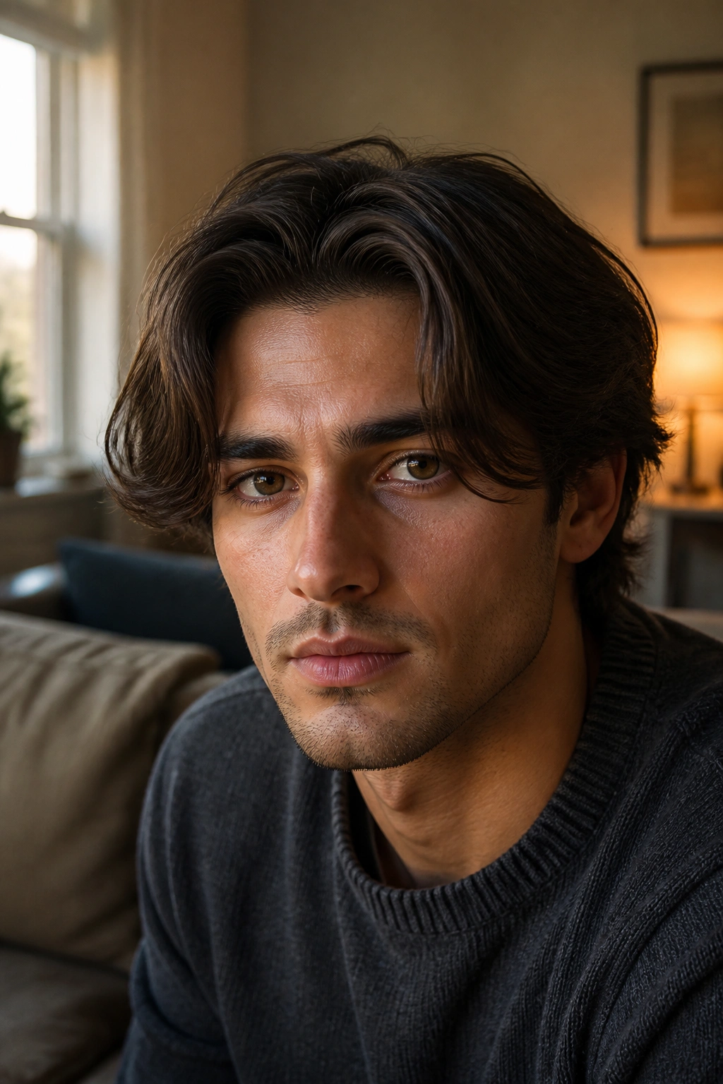 Close-up of man with curtain haircut featuring center-parted long top.