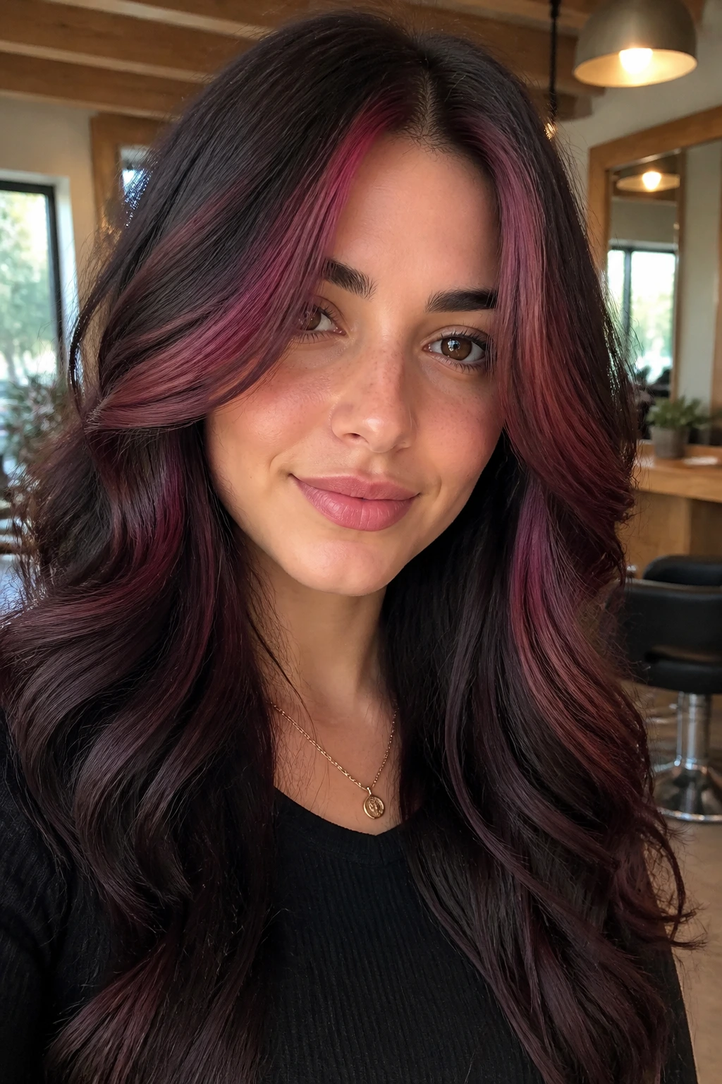 Center-part curtain highlights with burgundy-pink tones framing the face