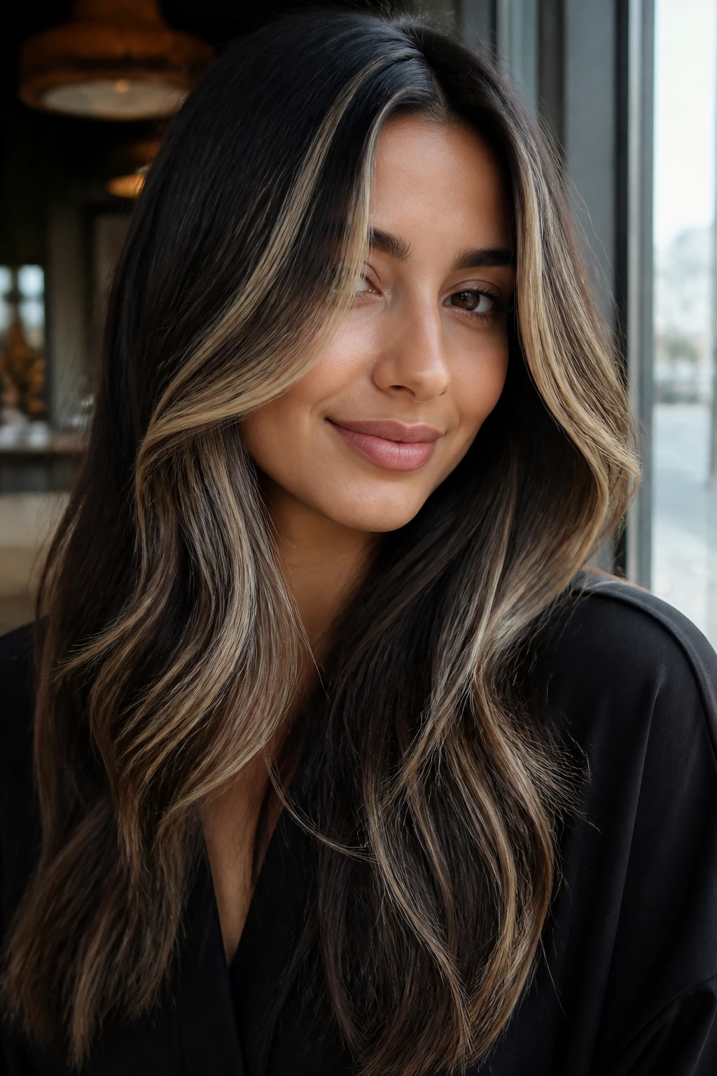Close-up portrait of long hair with feathered blonde curtain highlights.