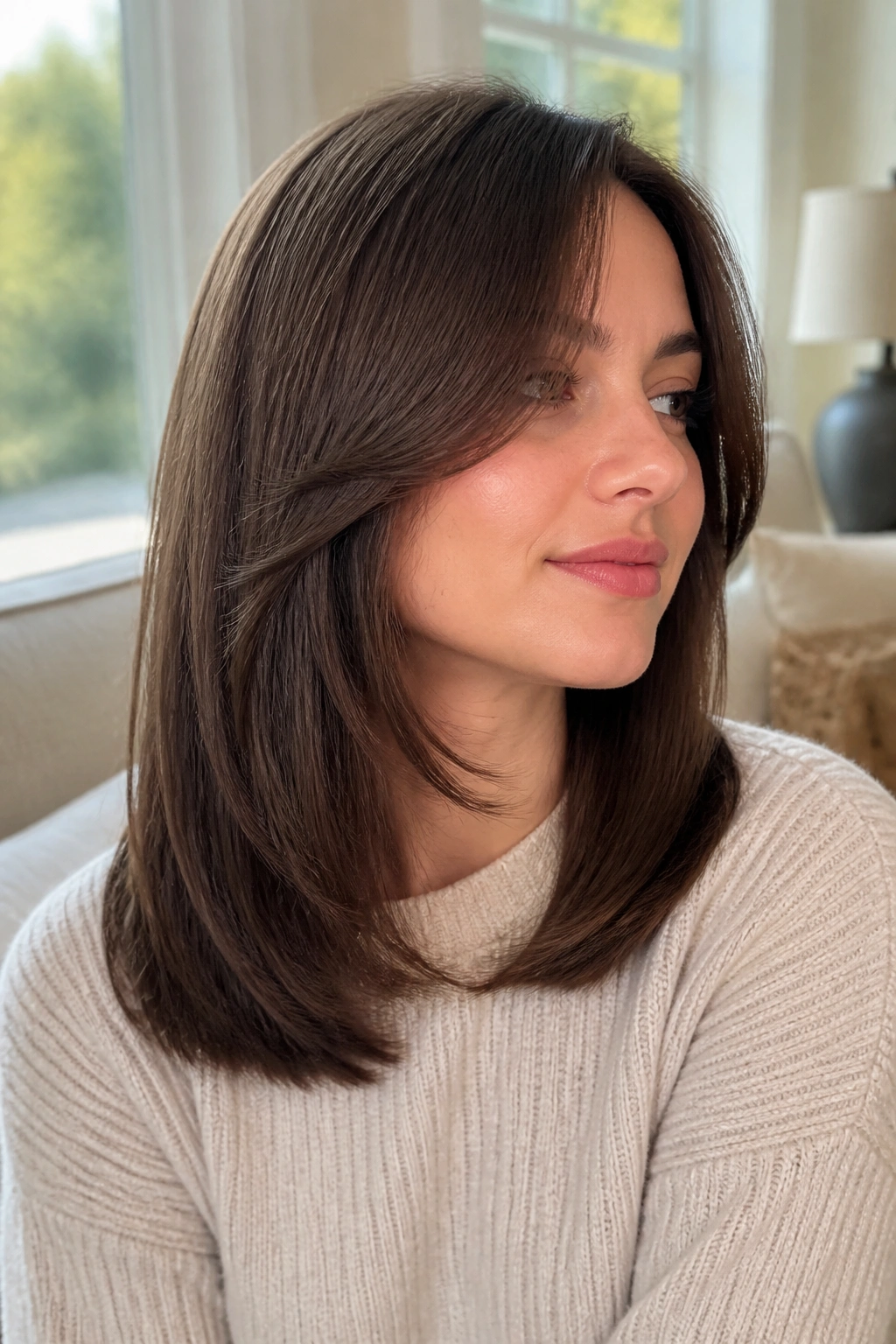 Portrait of a real woman with long curtain layers starting at the cheekbone