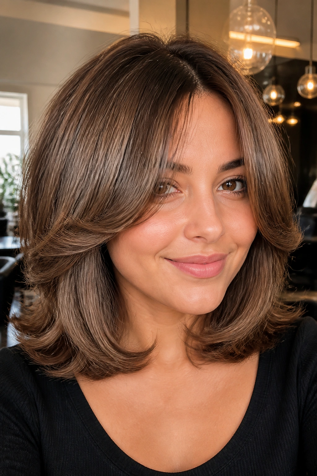 Close-up portrait of a woman with curtain layers and blown-out bend hairstyle in a salon setting